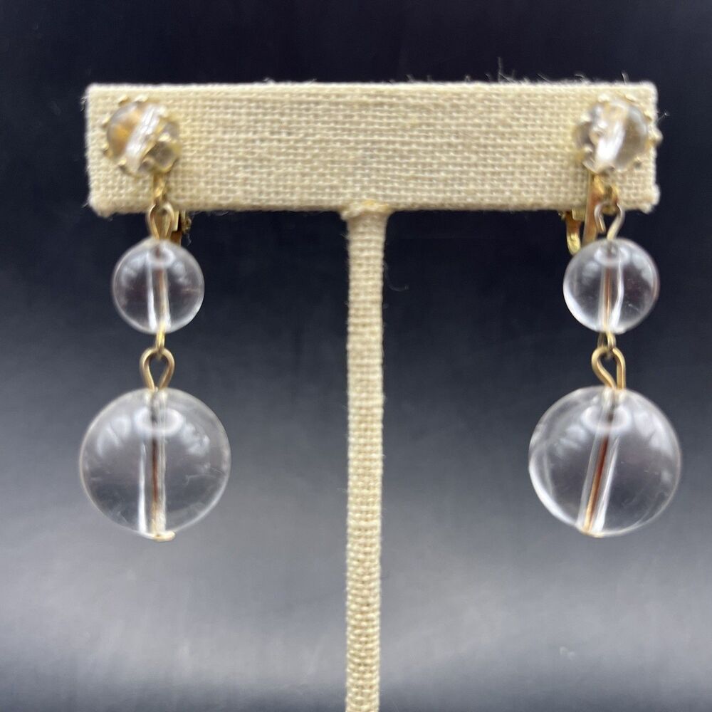 Vintage Clear Lucite Bead Drop Dangle Earrings Clip On Hong Kong 1960s Go Go Mod